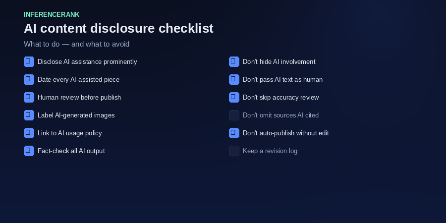 Transparent AI disclosure checklist &mdash; what to do and what to avoid